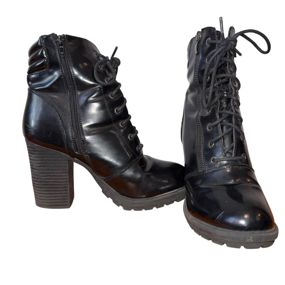 Just Fab Pembe Black Leather Lace Up Ankle Boots Chunky Heel Combat Style